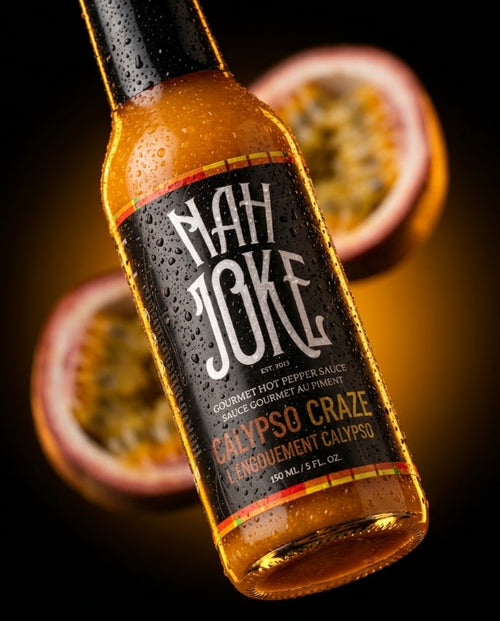 NAH JOKE Calypso Craze hot pepper sauce bottle with halved passionfruit
