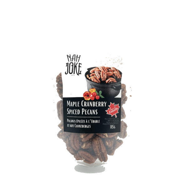 A bag of Nah Joke Maple Cranberry Spiced Pecans