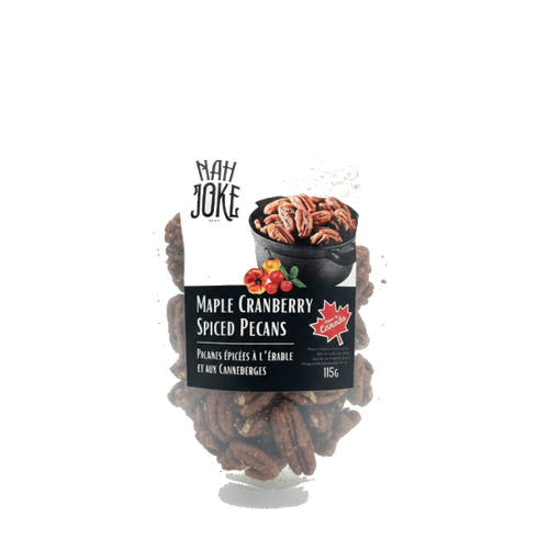 A bag of Nah Joke Maple Cranberry Spiced Pecans