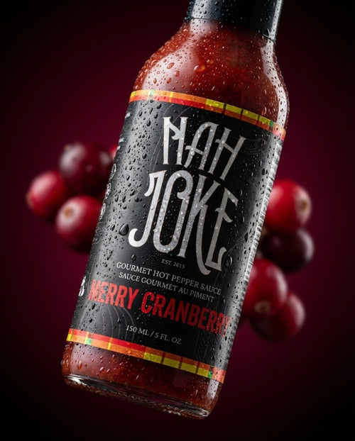 NAH JOKE Merry Cranberry hot pepper sauce bottle with fresh cranberries