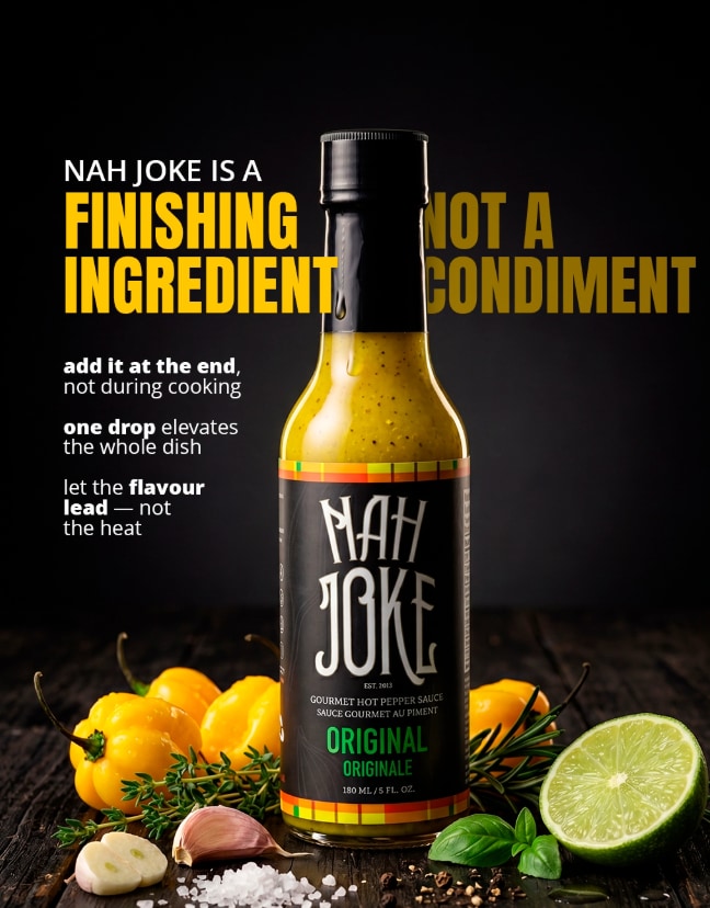 NAH JOKE Original hot pepper sauce with scotch bonnet peppers, garlic, herbs and lime