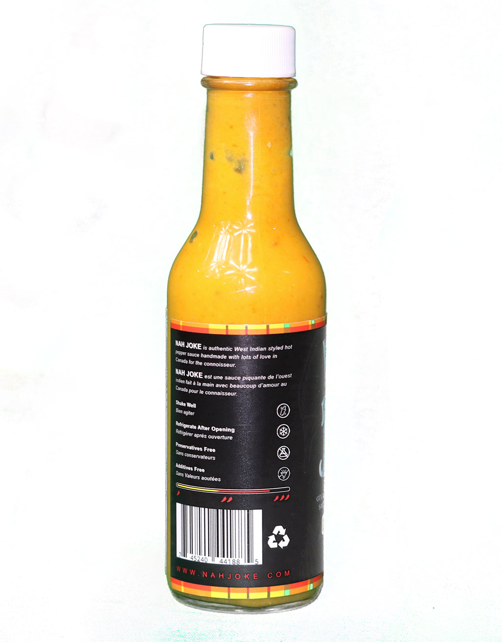 Back label of a NAH JOKE bottle showing ingredients, care instructions and barcode